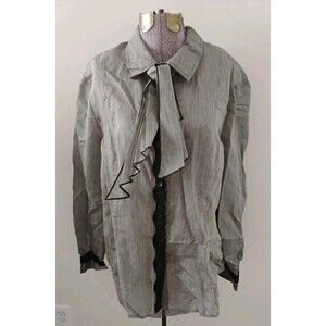 Chico's Shirt Women's Gray Stripe Button Up Lace Trim Sheer Removable Tie Sz 2 L